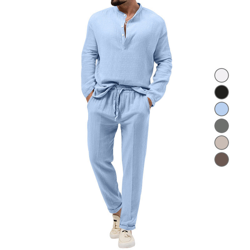 Herren Lässiges Zweiteiliges Lounge-Set aus Baumwoll-Gauze mit Henley-Oberteil und Tunnelzug-Hose Nord Taschen