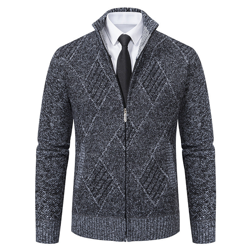 Herren Feinstrick-Zipjacke mit strukturierter Rautenoptik, Stehkragen und durchgehendem Reißverschluss Nord Taschen
