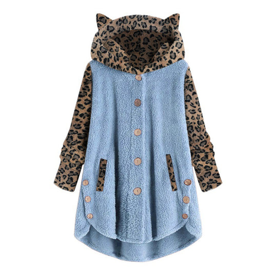 Damen Teddy‑Mantel mit Kapuze Knopfleiste und kontrastierenden Leopardenärmeln Nord Taschen