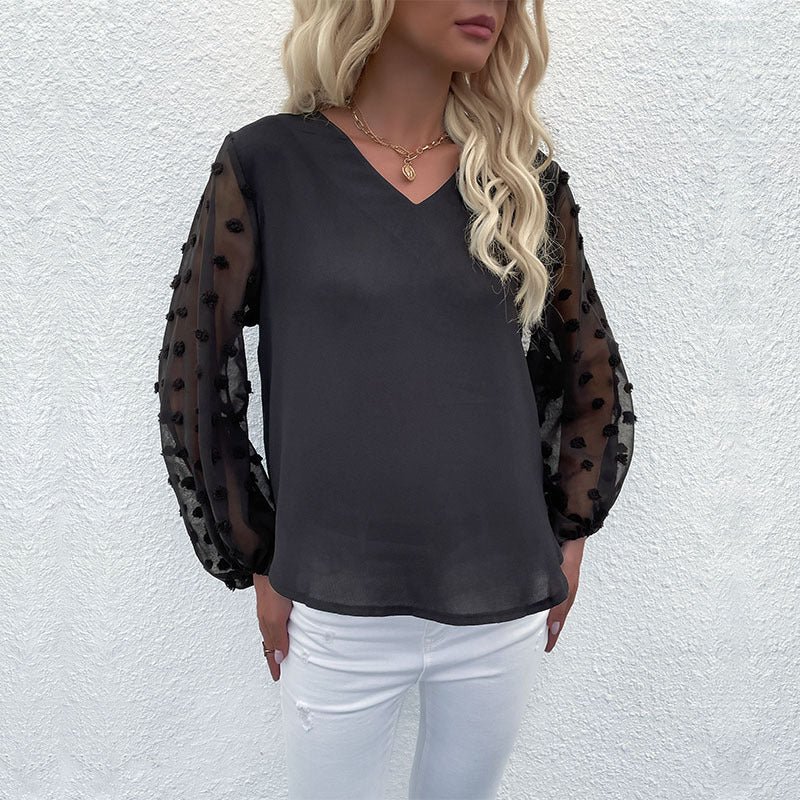 Damen Chiffon-Bluse mit transparenten Puffärmeln und 3D‑Pompom‑Details Nord Taschen