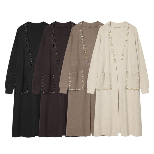 Damen langer Strickcardigan mit Perlenverzierung und aufgesetzten Taschen Nord Taschen