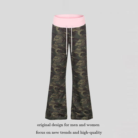 Damen Palazzo-Loungehose mit hohem Umschlagbund, Kordelzug und Camouflage-Muster Nord Taschen