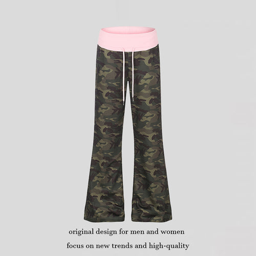 Damen Palazzo-Loungehose mit hohem Umschlagbund, Kordelzug und Camouflage-Muster Nord Taschen