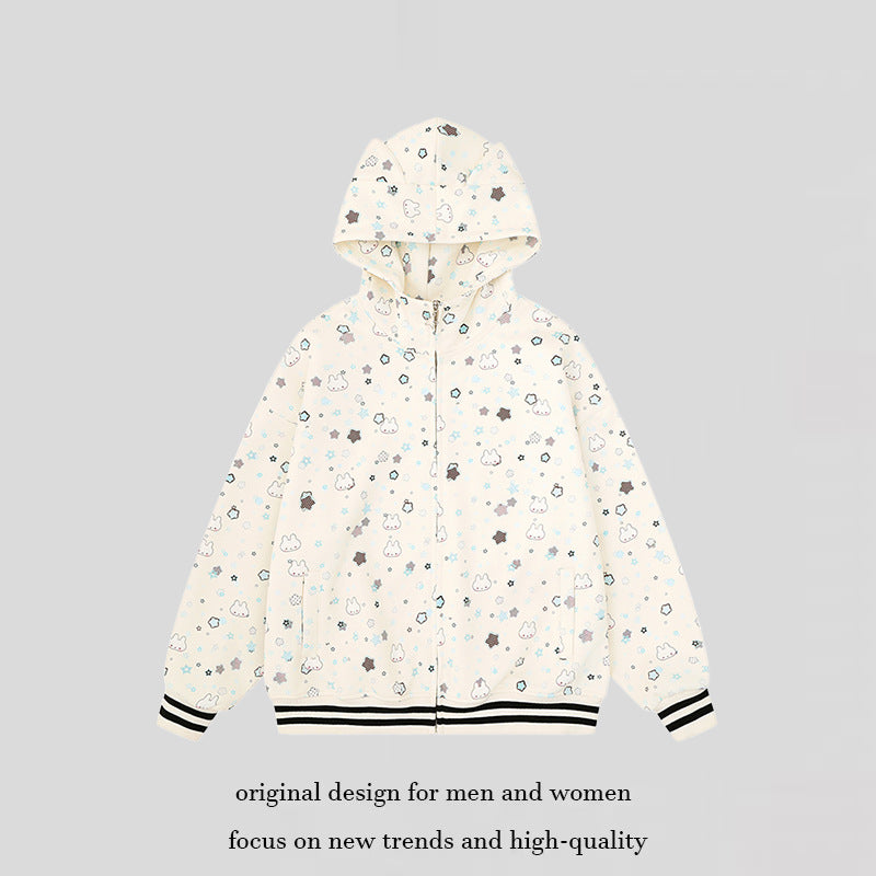 Damen Kapuzensweatjacke im Oversize‑Schnitt mit Komplettdruck, Reißverschluss und kontrastierenden Rippbündchen Nord Taschen