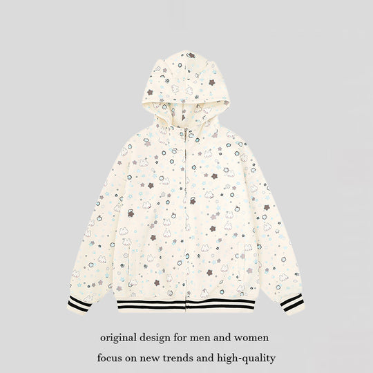 Damen Kapuzensweatjacke im Oversize‑Schnitt mit Komplettdruck, Reißverschluss und kontrastierenden Rippbündchen Nord Taschen