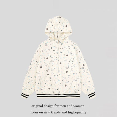 Damen Kapuzensweatjacke im Oversize‑Schnitt mit Komplettdruck, Reißverschluss und kontrastierenden Rippbündchen Nord Taschen