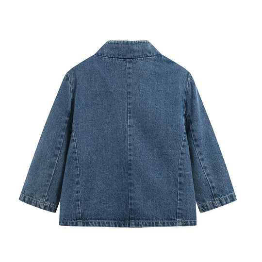 Damen Denim-Set aus boxiger Jacke mit Stehkragen und hochgeschnittener Schlaghose Nord Taschen