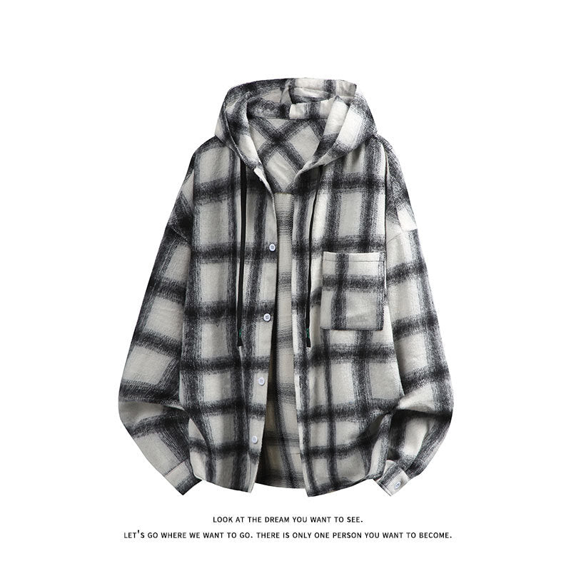 Unisex oversized Kapuzen-Hemdjacke aus Flanell mit Karomuster und Brusttasche Nord Taschen
