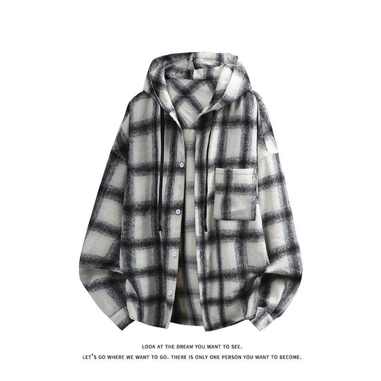 Unisex oversized Kapuzen-Hemdjacke aus Flanell mit Karomuster und Brusttasche Nord Taschen