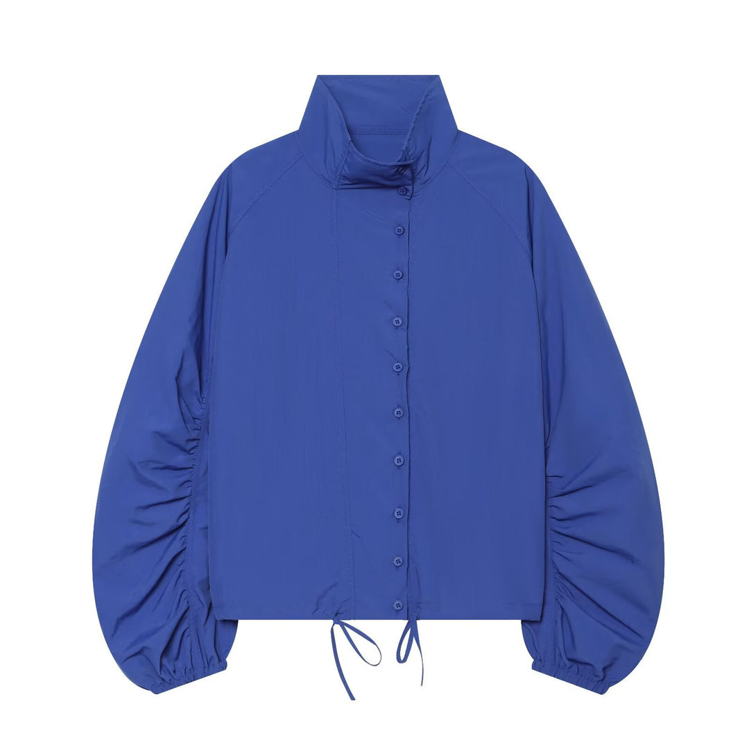 Damen Kurzjacke mit gerafften Ballonärmeln, Stehkragen und Tunnelzug Nord Taschen