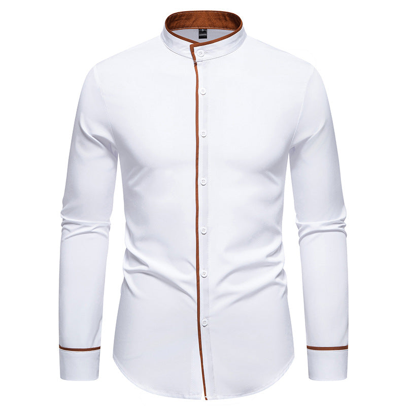 Herren Langarmhemd mit modernem Stehkragen und gesticktem Detail