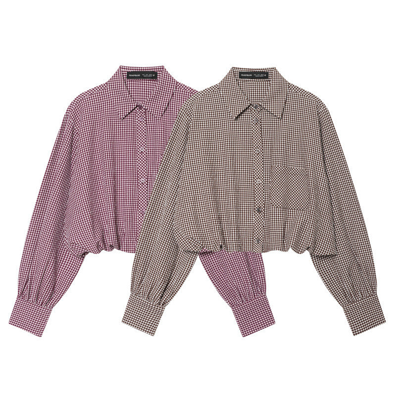 Damen Karierte Cropped Bluse mit Gummizugsaum Nord Taschen