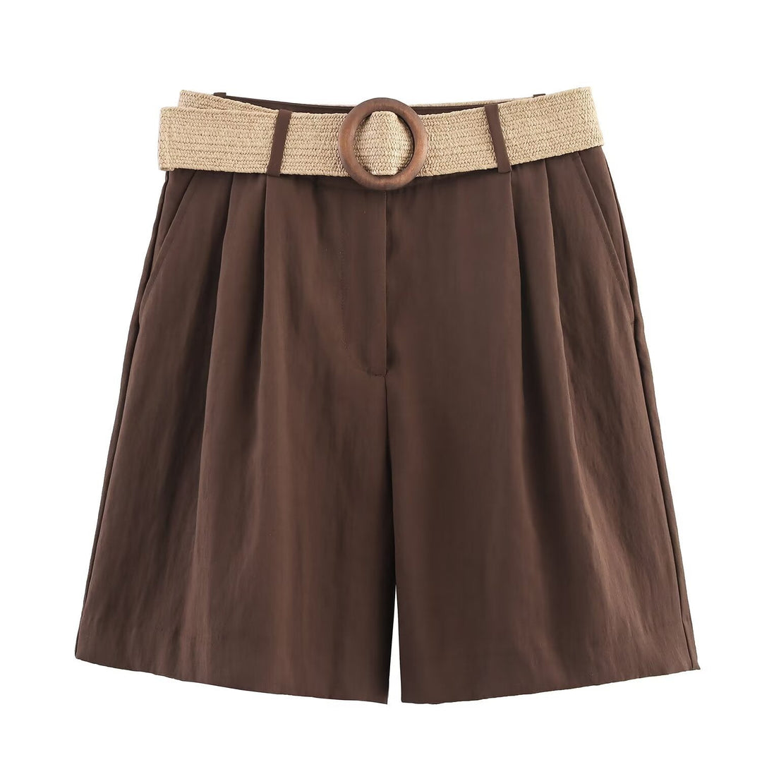 Damen elegante Shorts mit breitem, geflochtenem Gürtel