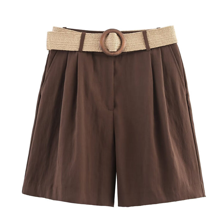 Damen elegante Shorts mit breitem, geflochtenem Gürtel