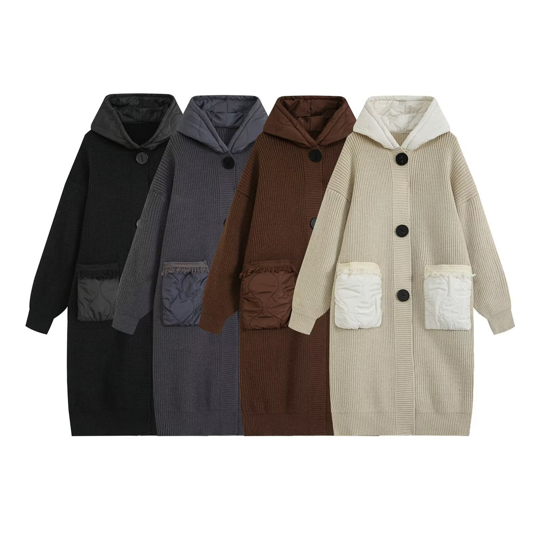 Damen Longline Grobstrickmantel mit gesteppter Kapuze und übergroßen Fronttaschen Nord Taschen