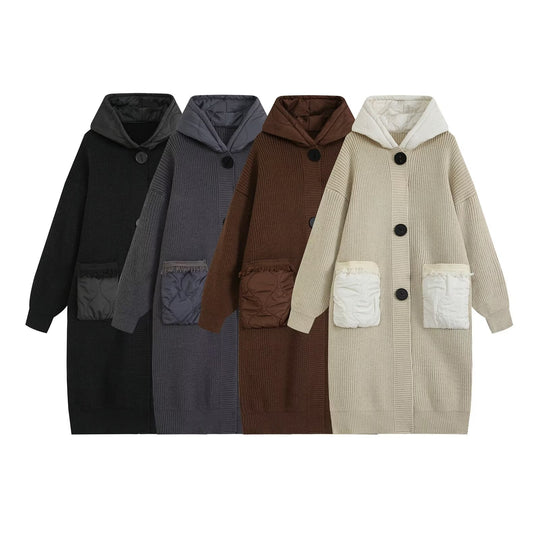 Damen Longline Grobstrickmantel mit gesteppter Kapuze und übergroßen Fronttaschen Nord Taschen
