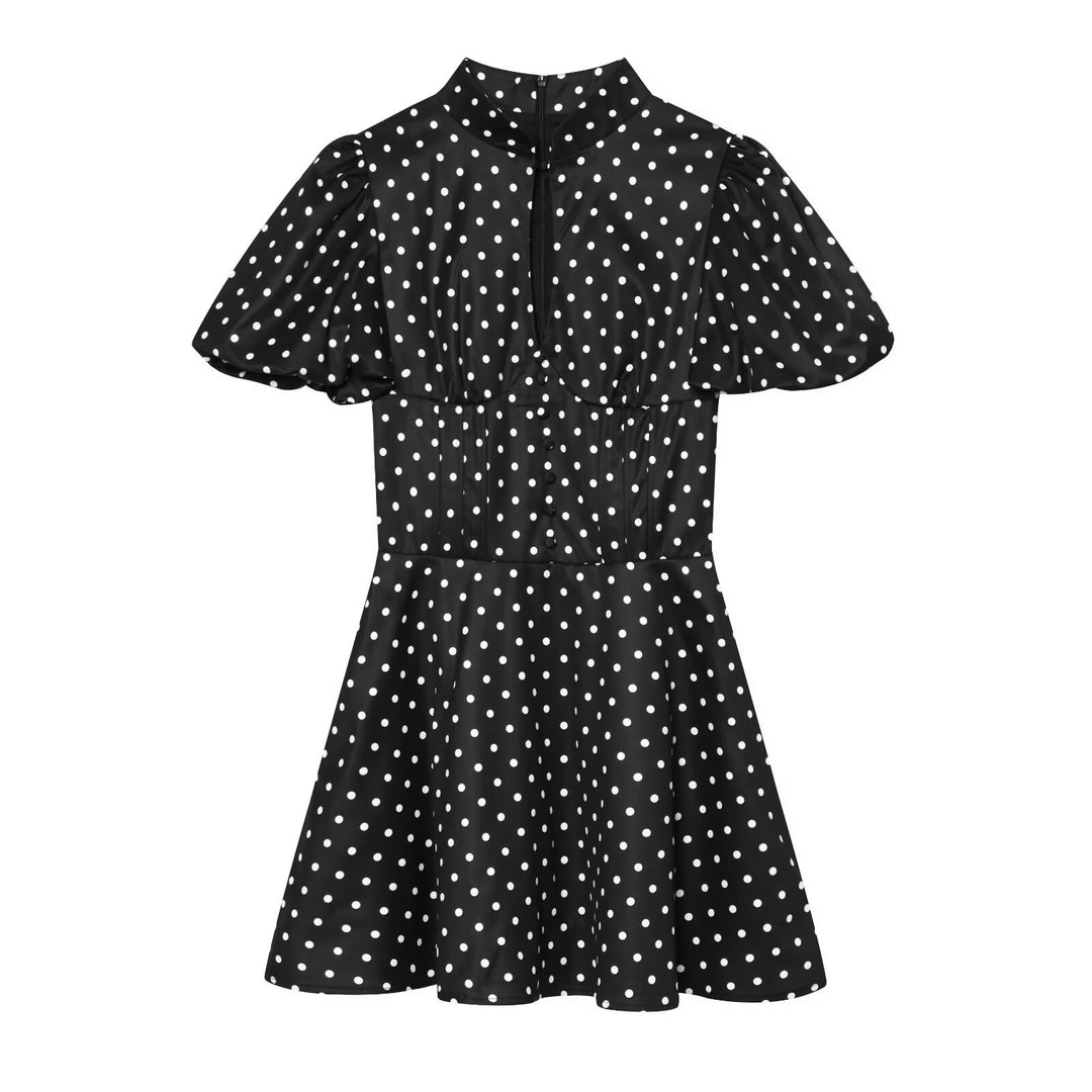 Damen Gepunktetes A‑Linien‑Kleid mit Stehkragen, Taillierung und Ballonärmeln Nord Taschen