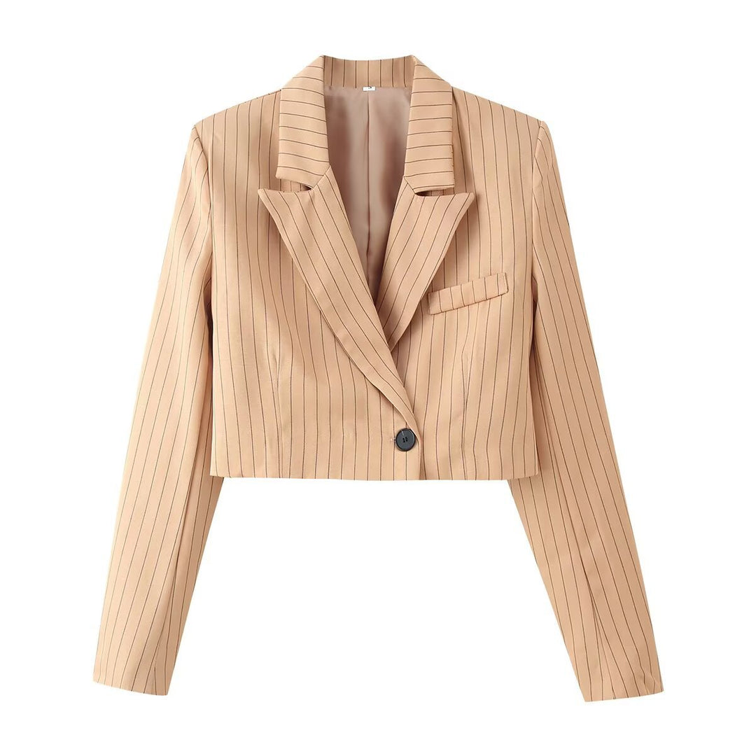 Damen Zweiteiliges Nadelstreifen-Kurzblazer mit hochgeschnittener weiter Hose Nord Taschen