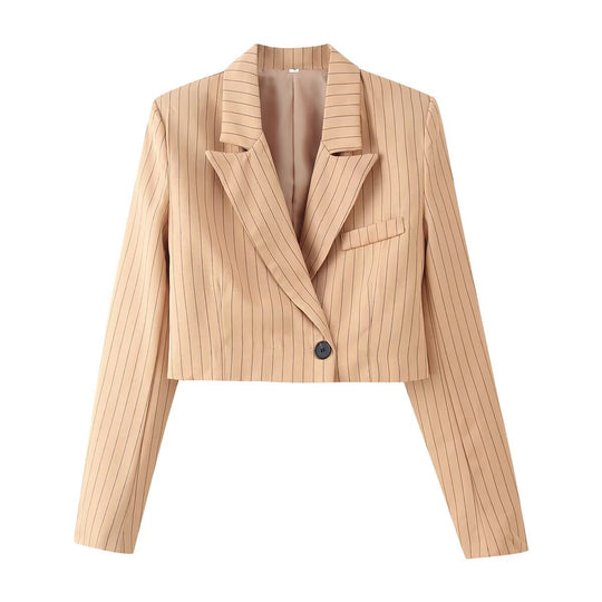 Damen Zweiteiliges Nadelstreifen-Kurzblazer mit hochgeschnittener weiter Hose Nord Taschen