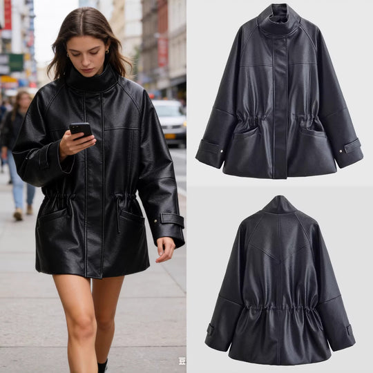 Damen Oversized Jacke in Lederoptik mit Stehkragen und Taillenkordel Nord Taschen