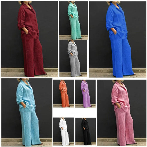 Damen Entspanntes Leinen-Set mit Oversize-Hemd und weiter Palazzo-Hose Nord Taschen
