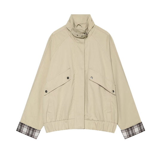 Damen Kurze Boxy-Fieldjacke mit hohem Funnelkragen und karierten Ärmelumschlägen Nord Taschen