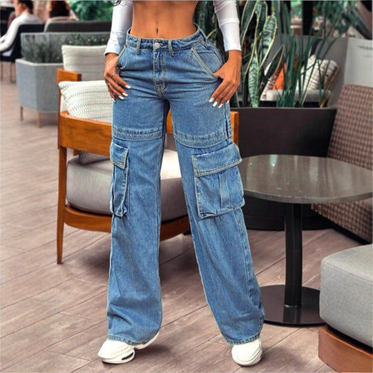 Damen tiefsitzende Wide‑Leg Cargo-Jeans mit XXL-Klappentaschen Nord Taschen