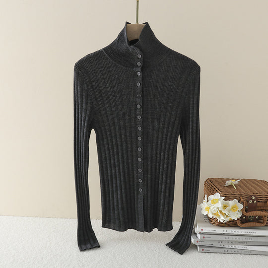Damen Schmaler Rippen-Longsleeve-Cardigan mit verdeckter Knopfleiste und Stehkragen Nord Taschen