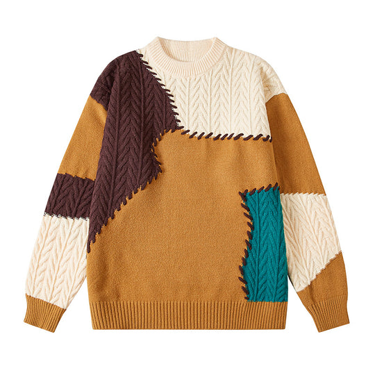 Herren strukturierter Patchwork-Strickpullover mit Zopfmuster und Rundhals Nord Taschen