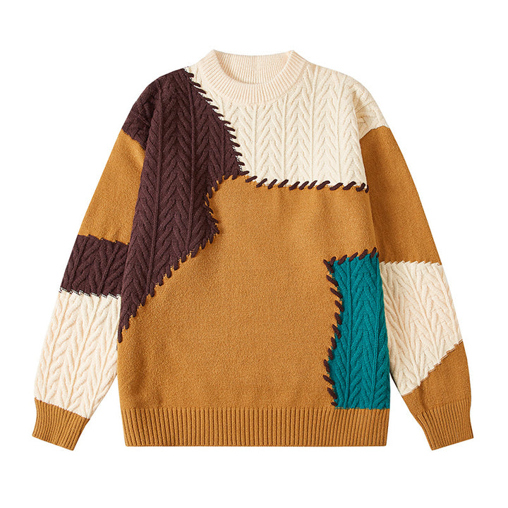 Herren strukturierter Patchwork-Strickpullover mit Zopfmuster und Rundhals Nord Taschen