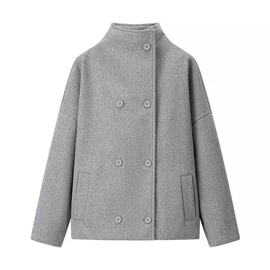 Damen Kurze doppeltgeknöpfte Oversize-Boxy-Jacke mit Stehkragen und Eingrifftaschen Nord Taschen