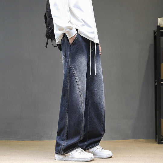 Herren Weite Denim‑Baggy‑Jeans mit Tunnelzugbund, tiefem Schritt und markanten Ziernähten Nord Taschen