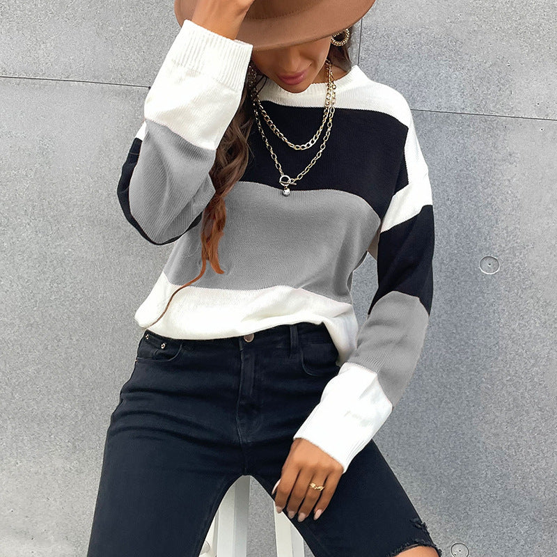 Damen Colorblock-Feinstrickpullover mit überschnittener Schulter und gerippten Bündchen Nord Taschen