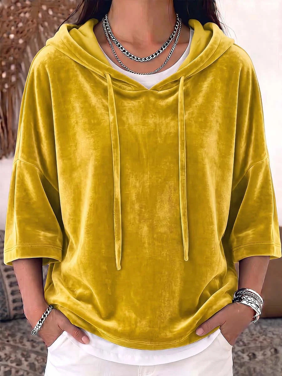 Damen Samt-Kapuzenpullover mit Oversize-Schnitt und Dreiviertelärmeln Nord Taschen