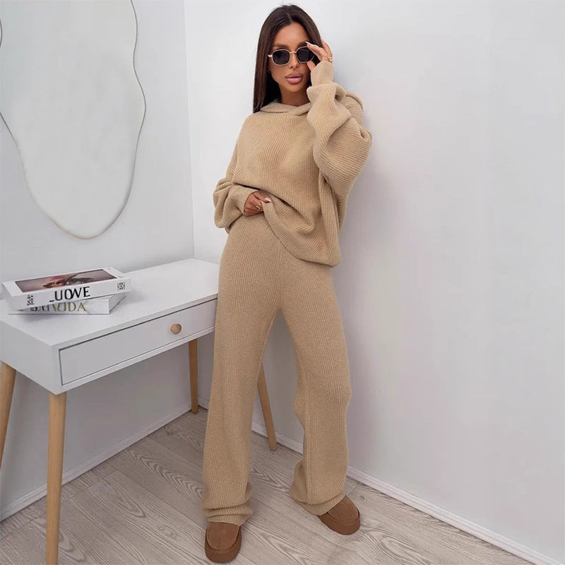Damen elegantes kaschmirähnliches Strick-Set mit asymmetrischem Wasserfallkragen und fließender Palazzo-Strickhose Nord Taschen