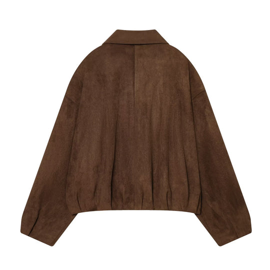 Damen Kurze Veloursleder-Bikerjacke mit Schulterklappen, Reißverschlusstaschen und kastiger Silhouette Nord Taschen