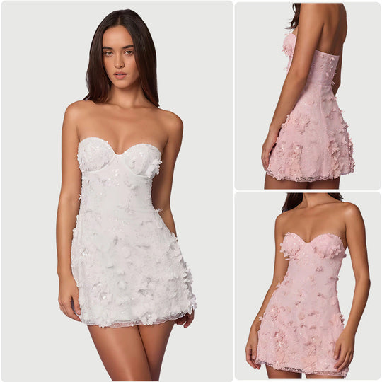 Damen Cocktailkleid mit schulterfreiem Design und floralem 3D-Applikationen Nord Taschen