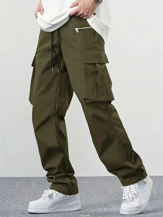 Herren Weite technische Cargohose mit großen Klapp- und Reißverschlusstaschen und Kordelzugbund Nord Taschen