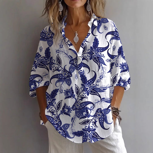 Damen lässige Bluse mit floralem Musterdruck und Knopfleiste Nord Taschen
