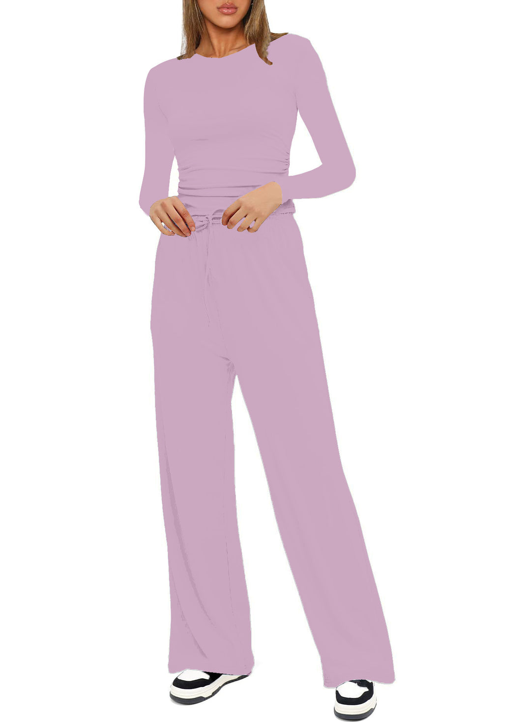 Damen Figurbetontes Longsleeve mit seitlicher Raffung und High-Waist Palazzo-Jogginghose Set Nord Taschen