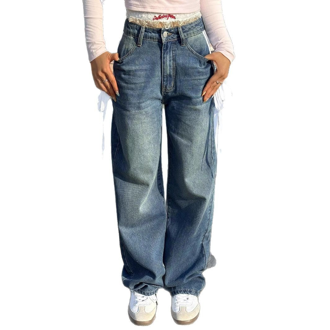 Damen Weite High-Waist Denim-Jeans mit dekorativen Seitenbändern und geradem Bein Nord Taschen