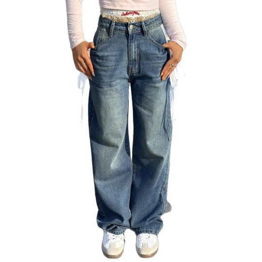 Damen Weite High-Waist Denim-Jeans mit dekorativen Seitenbändern und geradem Bein Nord Taschen