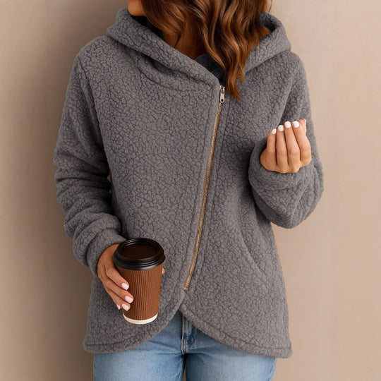 Damen Teddy-Fleecejacke mit asymmetrischem Reißverschluss, Kapuze und gewelltem Saum Nord Taschen