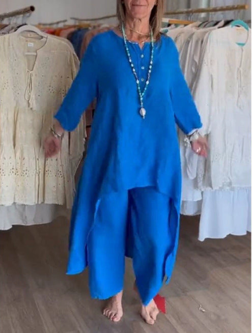 Damen Midilanges Leinen-Tunika-Set mit asymmetrischem Saum und weiter Palazzo-Hose Nord Taschen