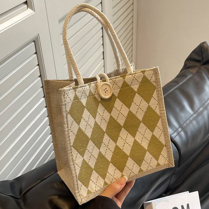 Damen Jute Tragetasche mit elegantem Rautenmuster und praktischen Holzknopfverschluss Nord Taschen