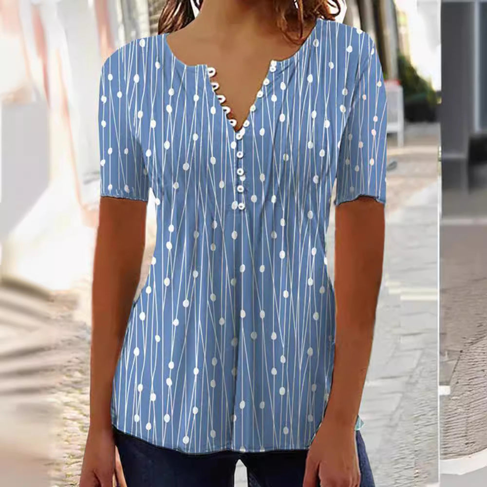 Damen nan luftige V-Ausschnitt-Bluse mit kurzen Ärmeln, Zierknopfleiste und grafischem Punktstreifenmuster