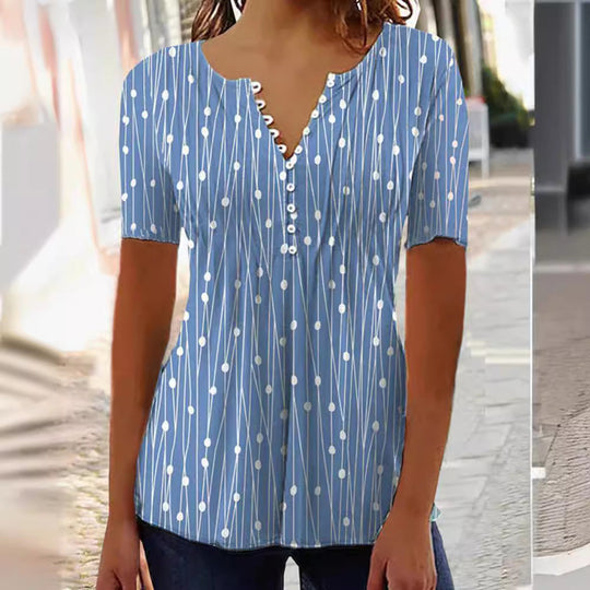Damen nan luftige V-Ausschnitt-Bluse mit kurzen Ärmeln, Zierknopfleiste und grafischem Punktstreifenmuster