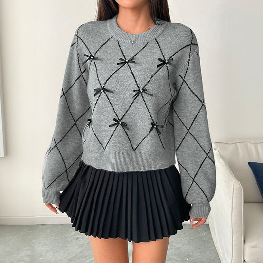 Damen Kurzer Argyle-Strickpullover mit Zier‑Schleifen und geripptem Saum Nord Taschen