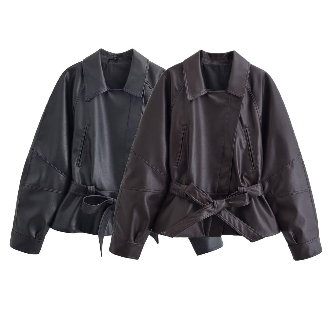 Damen Cropped-Lederoptik-Blouson mit Wickelgürtel, Oversize-Ärmeln und markanten Ziernähten Nord Taschen