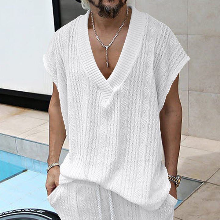 Herren lässiges Strick-T-Shirt mit V-Ausschnitt und oversized Schnitt